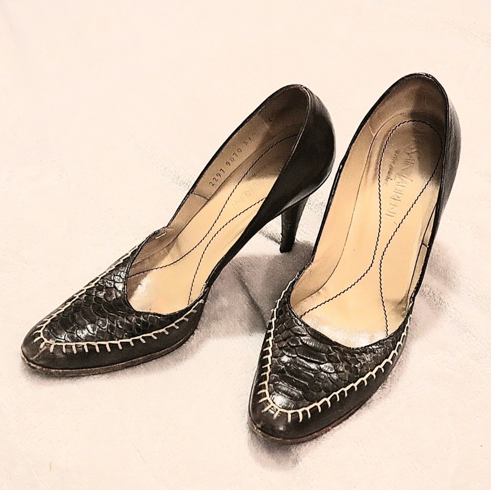 VINTAGE YSL HEELS 37.5/7 Yves Saint Laurent Brown Classic Exotic Leather 80s 90s - Picture 9 of 10